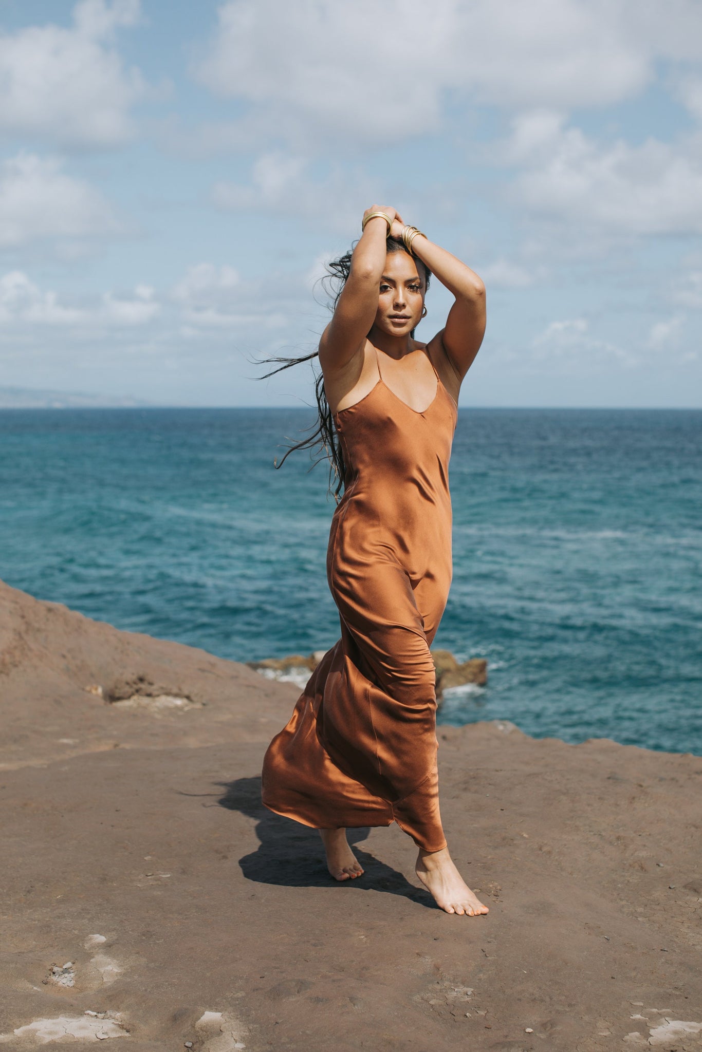Long slip dress made with organic mulberry silk dyed to a rich caramelized brown.