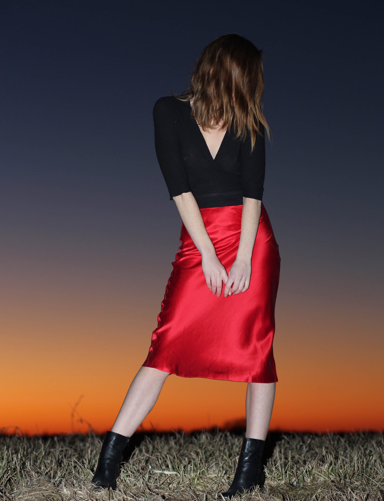 Vibrant red midi skirt made from natural mulberry silk. Pairs perfectly with a white tee or your favorite linen blouse.