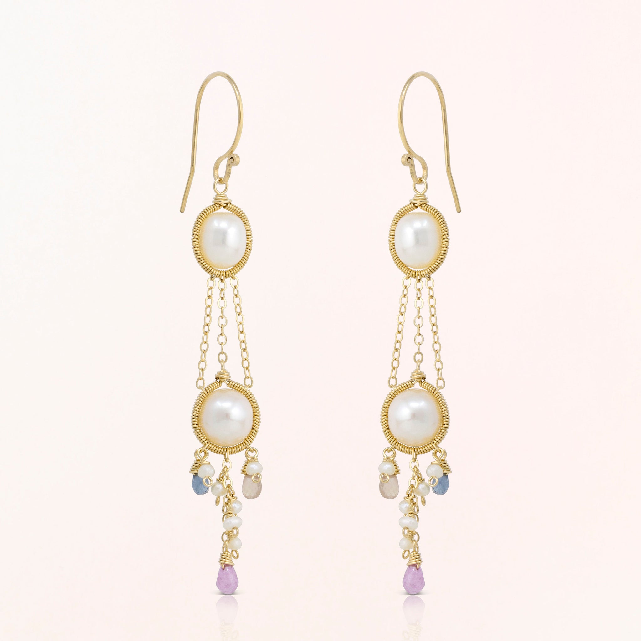 Double Pearl Earrings with Tourmaline Cluster