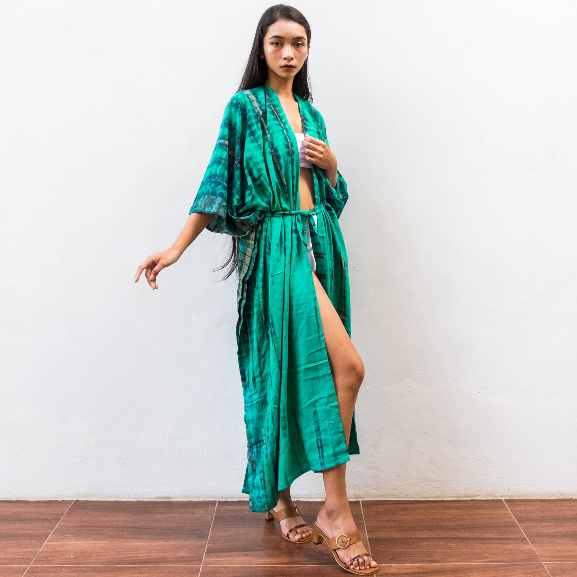 Tie Dye Kimono Cover Up (Green) - Bikini Beach Robe Dress